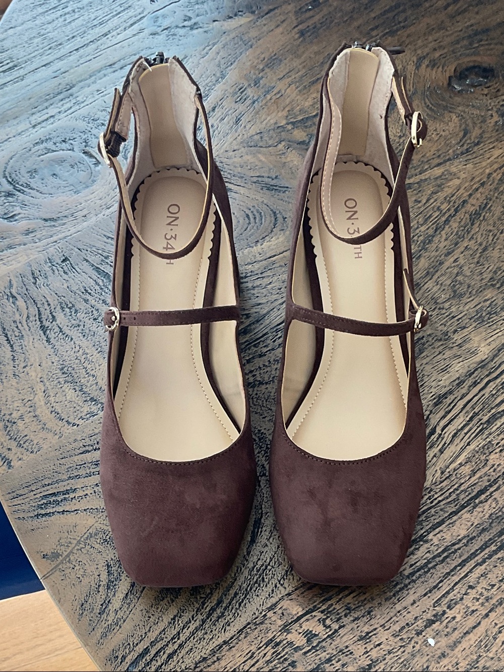 ON:34 Brown Suede Mary Jane Ankle-Strap Heels